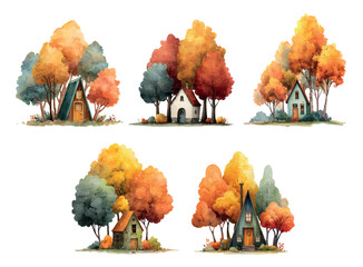 Cute little house among autumn trees watercolor png. Set of forest huts among autumn trees. Concept of cozy autumn illustration. Vector illustration.