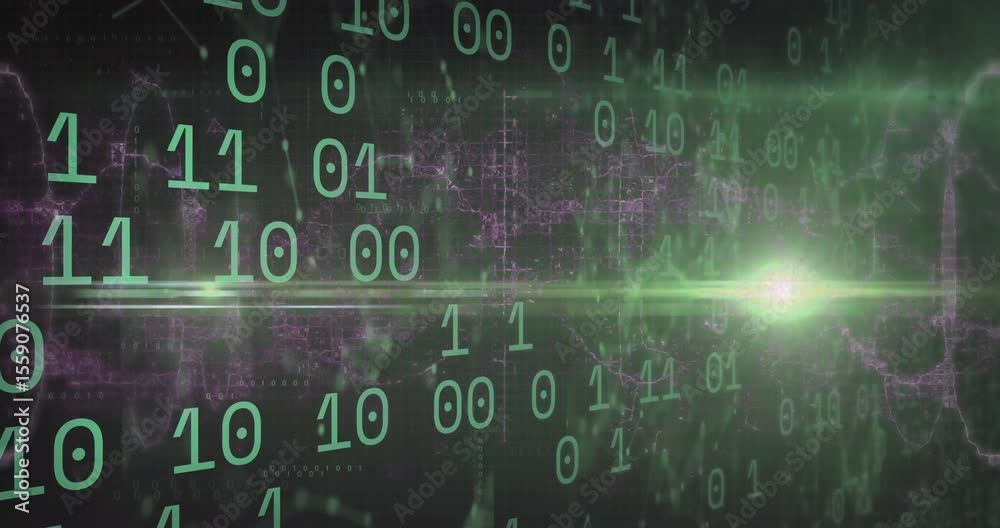 Poster neon-green binary digits appearing, drifting while green lens flare rising showing data flow