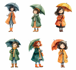 Watercolor set of cute girls in warm coats and with an umbrella. Girl in warm clothes, boots and coat with an umbrella. Concept of autumn clothes and weather. Hello autumn. Cute autumn characters.
