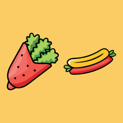 Fast-food stickers. Cartoon junk food snack labels, unhealthy meal with French fries pizza burger sandwich hot dog ice cream food, restaurant menu elements