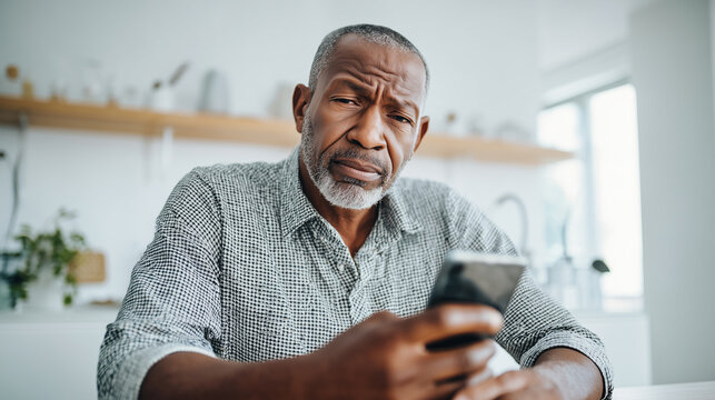thoughtful man with smartphone looking concerned while sitting indoors in casual shirt with modern home background, natural light, middle aged African American male