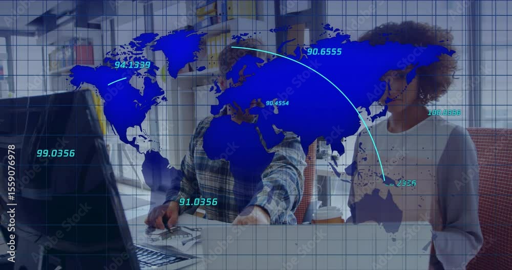 Poster business team typing and pointing at monitor while transparent map visualizing global data flows