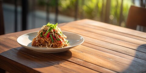 Delicious Asian Noodle Dish Served on a Rustic Wooden Table in Natural Light