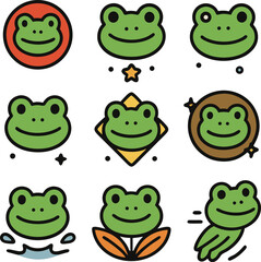 Cheerful green frog faces in various circular, square, and flowing designs showcase amphibian joy and playful charm, embodying nature's whimsy.