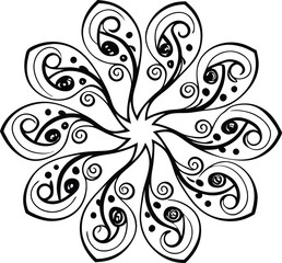 floral mandala with swirling abstract petals in black line art


