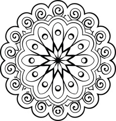 floral mandala with swirling abstract petals in black line art

