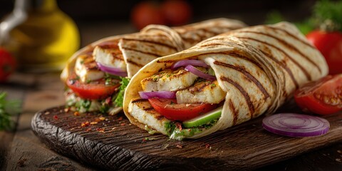 Delicious Grilled Chicken Wraps with Fresh Vegetables on a Rustic Wooden Board