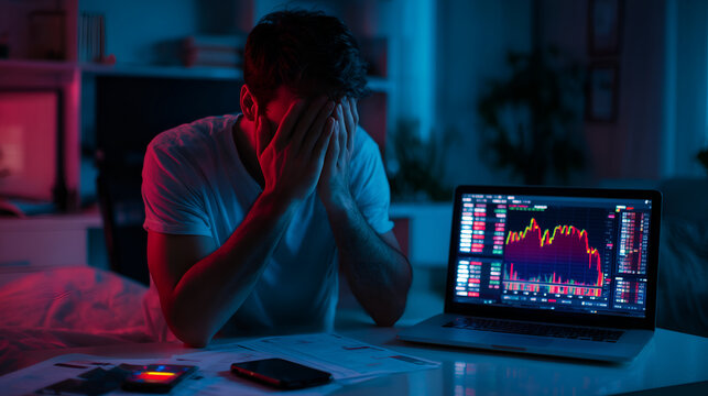 stressed man covering face at night with laptop showing falling stock market graph, desk cluttered with papers and phone under blue and red light