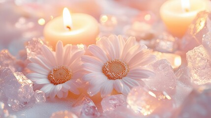 Close-up of chamomile flowers surrounded by smooth crystals and candlelight in tones of rose pink sand beige and pearl white