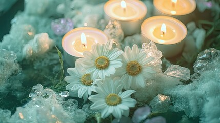 Close-up of chamomile flowers surrounded by smooth crystals and candlelight in tones of lavender cream and moss green