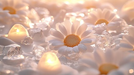 Close-up of chamomile flowers surrounded by smooth crystals and candlelight in tones of rose pink sand beige and pearl white