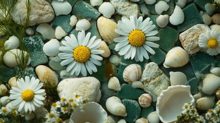 Close-up of chamomile flowers surrounded by stone tiles and tiny shells in tones of olive green wheat and stone white