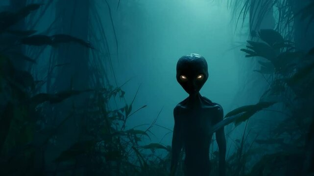 Mysterious alien in forest horror science fiction Cosmos