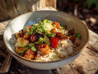 Delicious Bowl of Stir-Fried Chicken with Vegetables and Rice