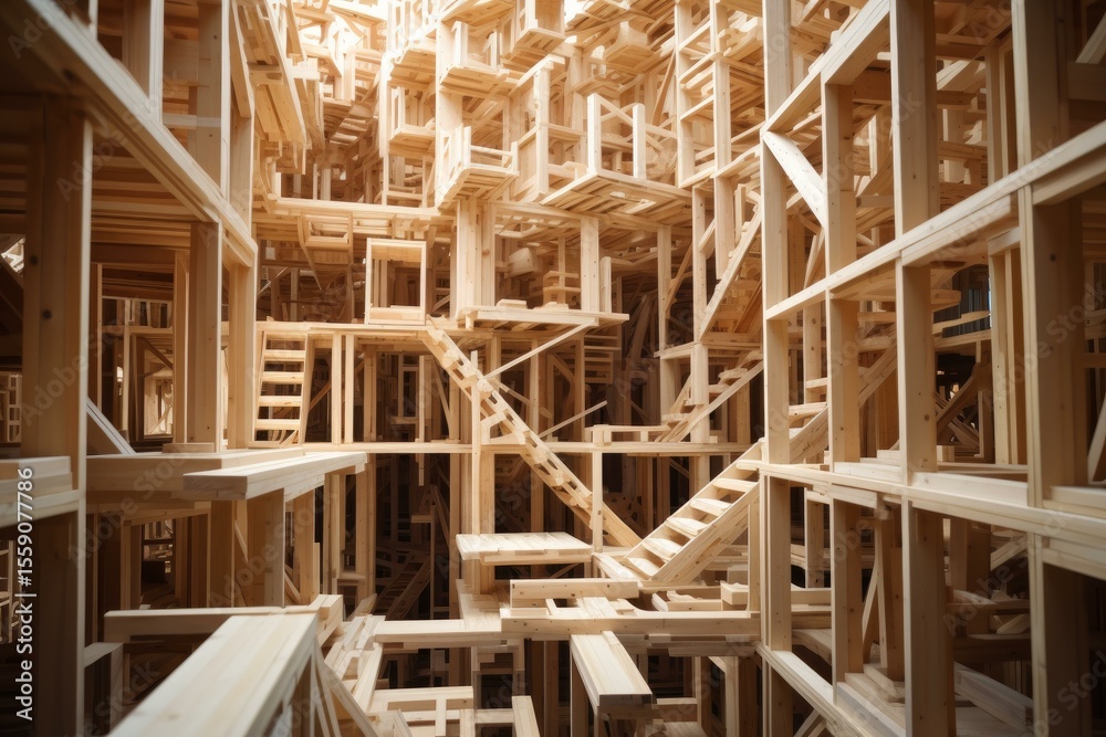 Poster intricate wooden framework resembling a building interior, creating a maze like structure with stair