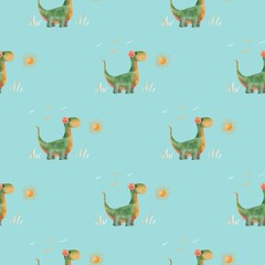 Seamless pattern with dinosaur walking towards sun, birds flying and grass on light blue background