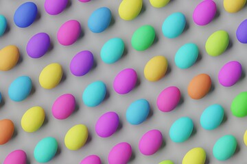 Many colorful eggs on grey background. Top flat view, diagonal grid. 3d render, illustration