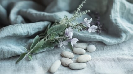 Close-up of clary sage blossoms surrounded by linen cloth and pebbles in tones of cool grey mint and linen white