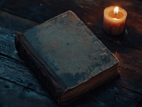 video of old book on brown table and candle beside it