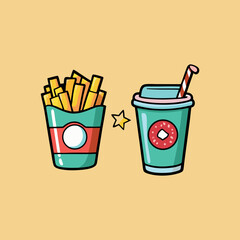 Fast-food stickers. Cartoon junk food snack labels, unhealthy meal with French fries pizza burger sandwich hot dog ice cream food, restaurant menu elements