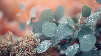 Close-up of eucalyptus leaves surrounded by dewdrops and soft moss in tones of pastel peach dusty rose and eucalyptus green
