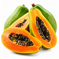 Ripe Orange and Green Papayas on White Background