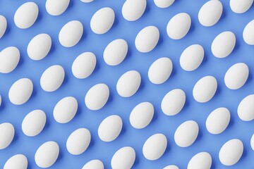 Many white eggs on royal blue background. Top flat view, diagonal grid. 3d render, illustration