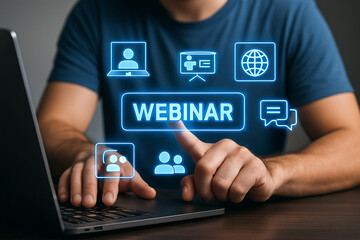 Person using laptop with webinar graphic overlay and digital icons floating above keyboard