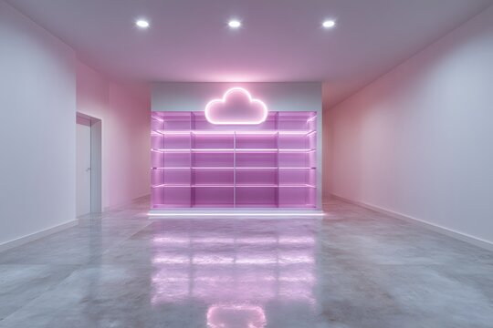 Empty retail space with neon cloud sign interior design and pink lighting