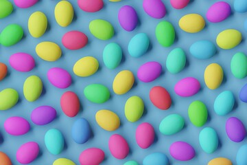 Many colorful eggs on steel blue background. Top flat view, diagonal grid. 3d render, illustration