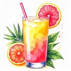 Refreshing Grapefruit Cocktail Watercolor Illustration