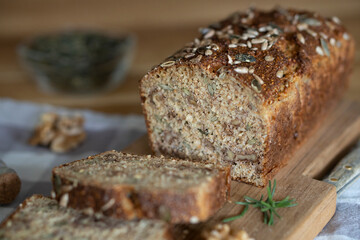 Homemade Dark Diet Autumn Bread, Pumpkin Whole Grain Bread, Home Baked, Bio Ingredients, Healthy Nutrition with Mixed Seeds and Nuts