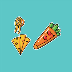 Fast-food stickers. Cartoon junk food snack labels, unhealthy meal with French fries pizza burger sandwich hot dog ice cream food, restaurant menu elements