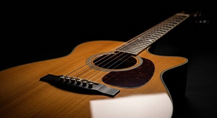 Fototapeta premium Close-up of the body and strings of a natural wood acoustic guitar, focusing on the bridge and pickguard, with a blurred neck extending into a dark background.