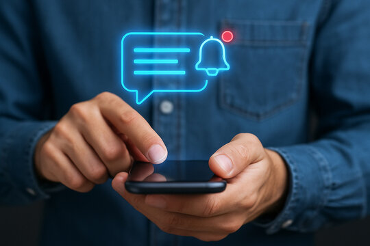 Person holding smartphone with notification icon above the screen in a close up view shot indoors