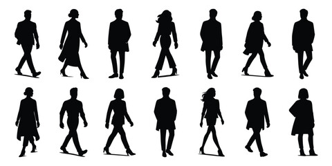 Male and female silhouettes in motion wearing contemporary fashion walking forward
