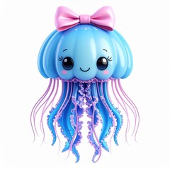 Cute Blue Jellyfish with Pink Bow 3D Render