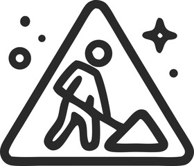 Under construction icon vector illustration featuring a person digging inside a warning sign with a star and circles around it, dark gray.