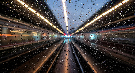 Raindrops running down a train window, with blurred scenery passing quickly in the background.