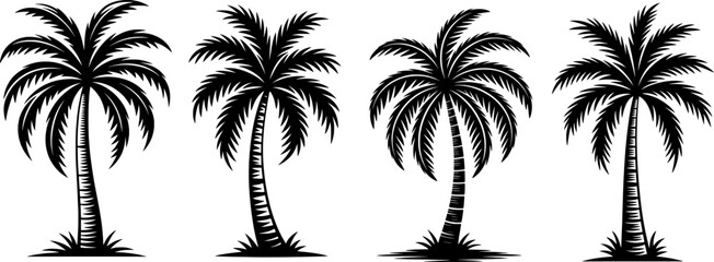 Bold black silhouette of four curved palm trees with fan-shaped fronds, evenly spaced for summer, tropical, beach, and minimalist-themed illustrations

