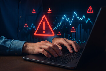 Person typing on laptop with warning signs and financial graph displayed on the screen behind them