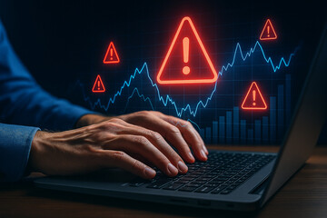 Hands typing on laptop with warning signs and stock graph in the background indicating risk analysis