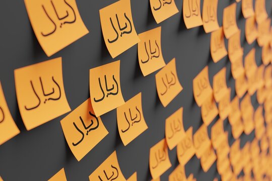 Many orange stickers on black board background with symbol of Oman rial drawn on them. Closeup view with narrow depth of field and selective focus. 3d render, illustration