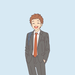 Cheerful young anime school man in suit with red tie and backpack. Standing on a light blue background. Expressing friendliness and positivity in a cartoon style.