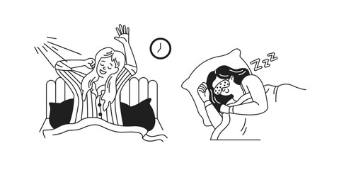 Black and white illustration of a woman stretching joyfully in bed while another sleeps peacefully with an eye mask. Simple bedroom scene portraying different sleep phases.