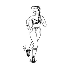 Happy woman jogging in casual sportswear. She wears a cap and a smile. The simple black and white style highlights her active lifestyle. Perfect for fitness themes.