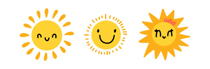 Cute cartoon sun characters set. Three smiling suns with different styles - playful, cheerful, and girly with a crown. Bright and happy summer illustration for kids, stickers, or nursery decor.