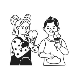 Two happy kids with ice cream cones in hand. Smiling faces express joy. Simple black and white style highlights playful childhood. Perfect for family themes.