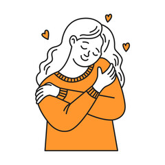 Illustration of a woman in orange embracing herself joyfully. She represents selflove and acceptance with hearts around. Simple lines and vibrant colors enhance the positive emotion.