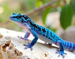 Blue and Black Gecko perched on a rock